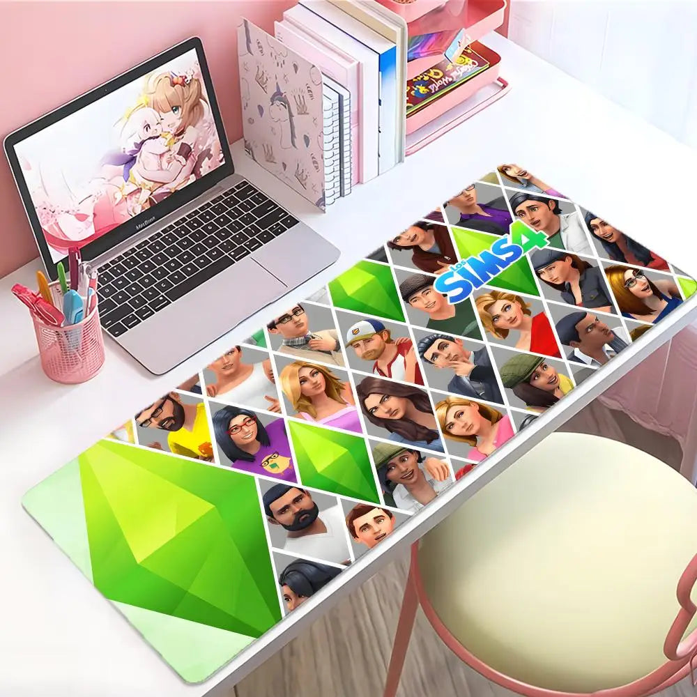 A large The Sims gaming mouse pad with stitched edges is displayed next to a laptop and various stationery items.