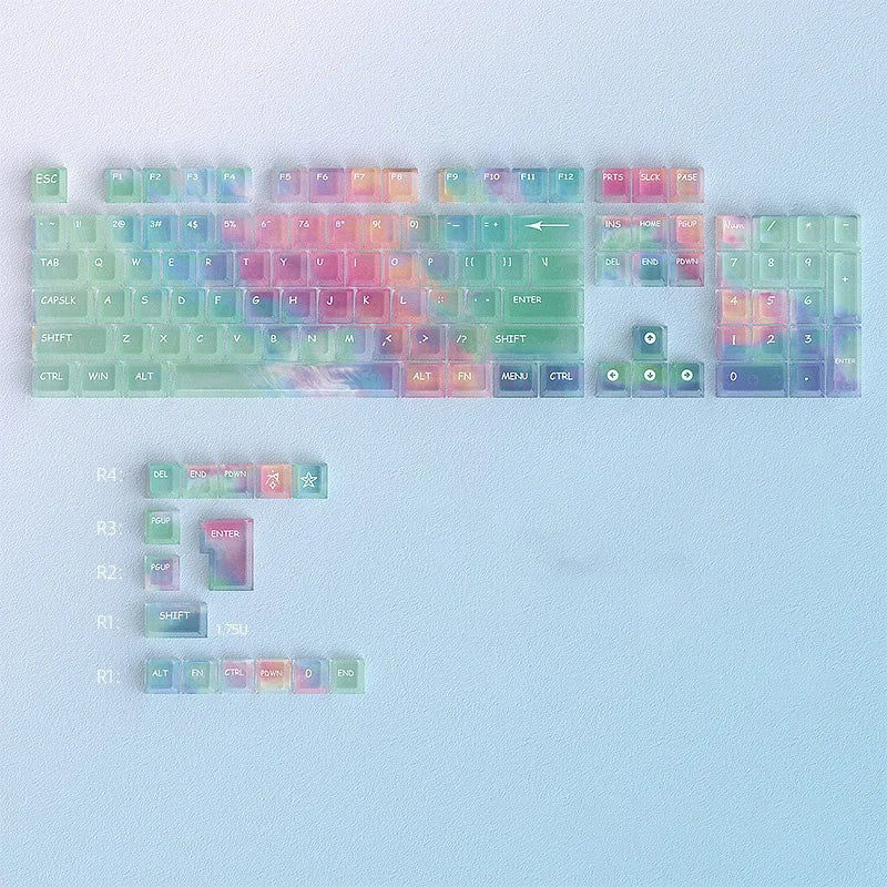 A colorful rainbow shine pc keycap set for a mechanical keyboard displayed on a light blue background.