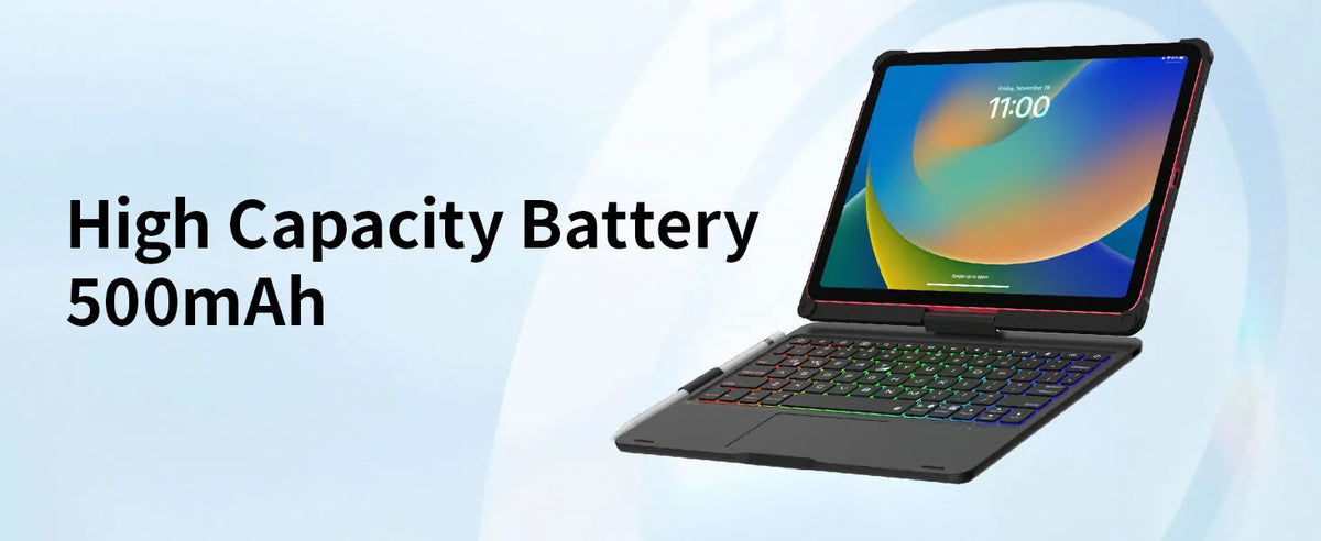 Laptop mit Anzeige einer Batterie und Text über eine Hochleistungsbatterie von 500mAh