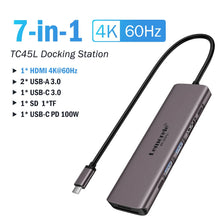 A purple 7-in-1 TC45L docking station featuring HDMI, USB ports, and a power connection.