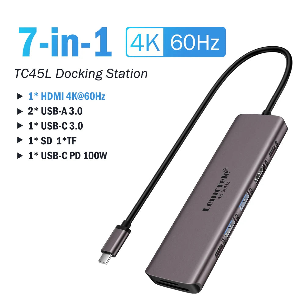 A purple 7-in-1 TC45L docking station featuring HDMI, USB ports, and a power connection.