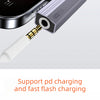 A silver adapter with a white connector is shown next to a smartphone, supporting PD charging and fast flash charging.