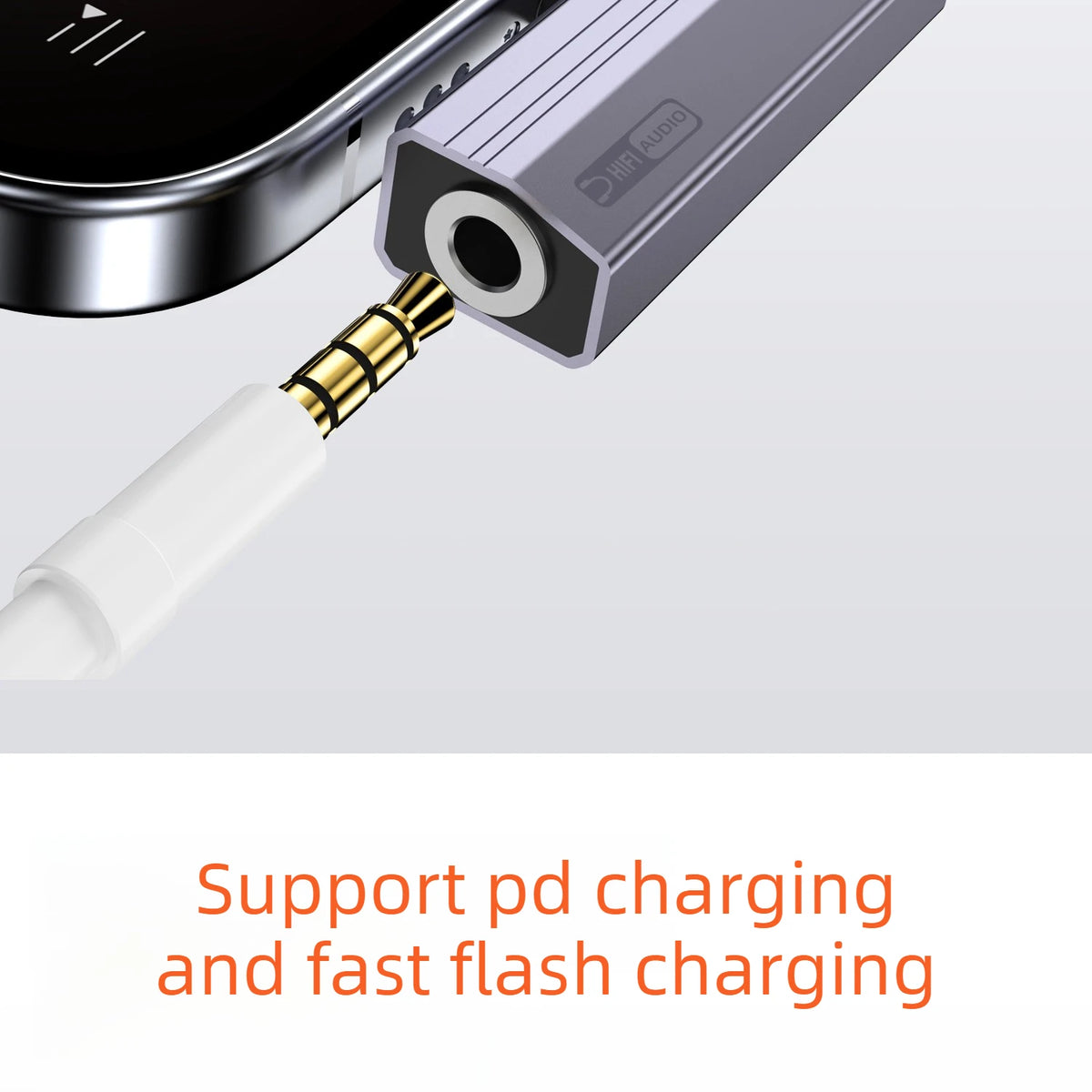A silver adapter with a white connector is shown next to a smartphone, supporting PD charging and fast flash charging.