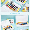 A collection of watercolor paint sets and water brush pens displayed in various colors and packaging.