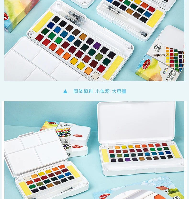 A collection of watercolor paint sets and water brush pens displayed in various colors and packaging.