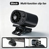 Black multi-function clip fan shown in various angles, including mounted on a laptop and a desk.