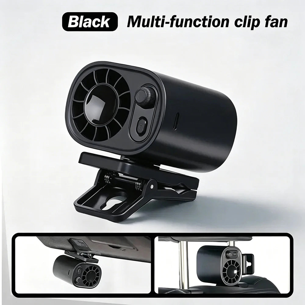 Black multi-function clip fan shown in various angles, including mounted on a laptop and a desk.