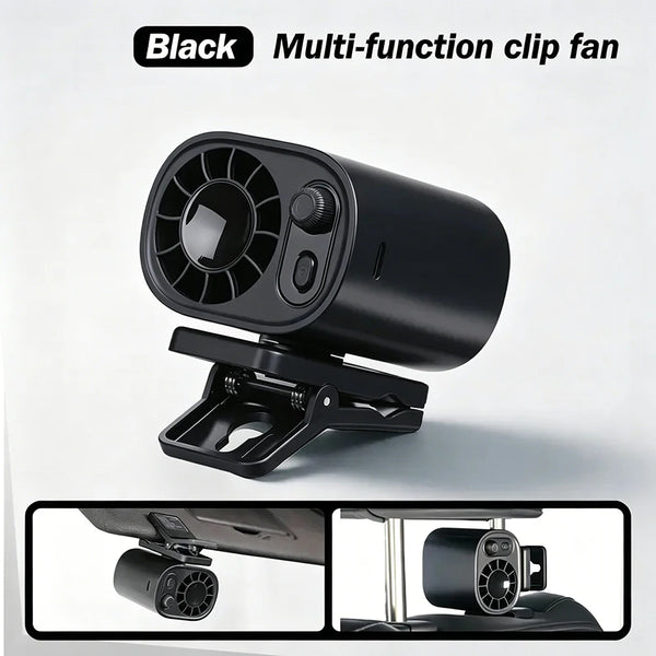 Black multi-function clip fan shown in various angles, including mounted on a laptop and a desk.
