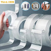 Rolls of clear double-sided adhesive tape being held and displayed with related product shots.