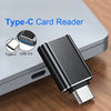 A black Type-C card reader adapter is shown resting on a silver laptop surface.