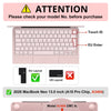 A pink keyboard cover for a MacBook Pro showing touch ID and EU Enter keys, with compatibility notes for EU and US layouts.