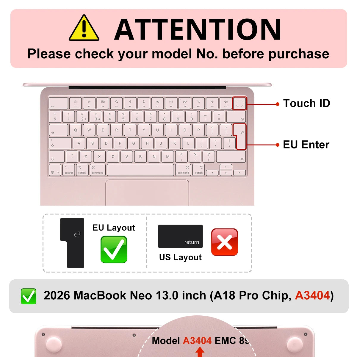 A pink keyboard cover for a MacBook Pro showing touch ID and EU Enter keys, with compatibility notes for EU and US layouts.