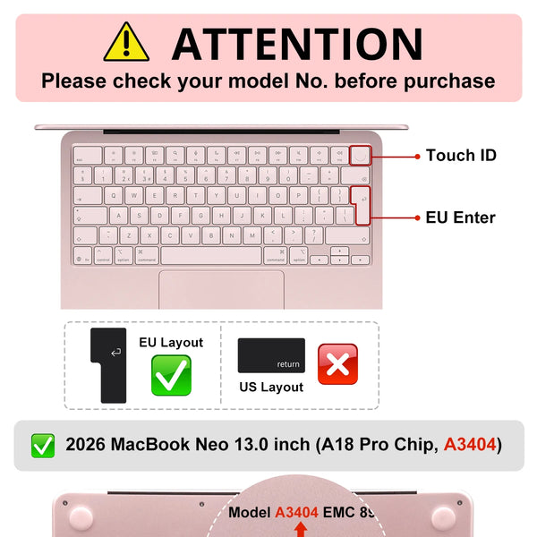 Rosa Tastenkappe für MacBook Pro mit Touch ID und EU-Enter-Tasten, mit Kompatibilitätshinweisen für EU- und US-Layouts.