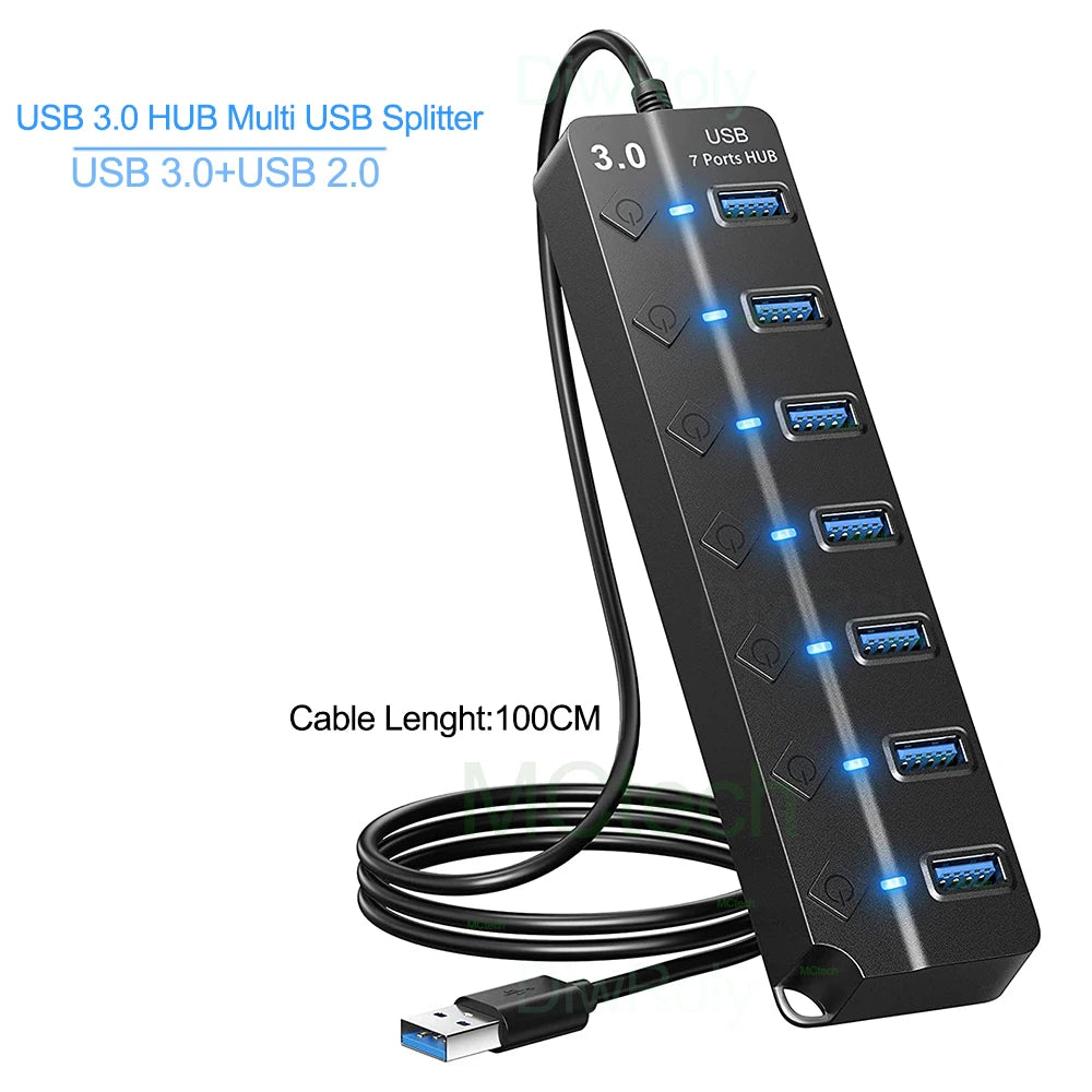 A black USB 3.0 hub with seven ports and a cable, showing its connection to a USB plug.