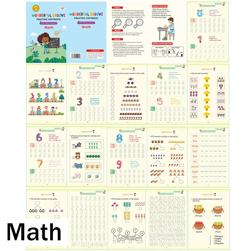 A collection of math practice handwriting workbooks for preschool and kindergarten students.