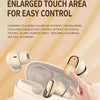 A hand holds an open case of wireless earbuds, demonstrating the enlarged touch area for easy control.