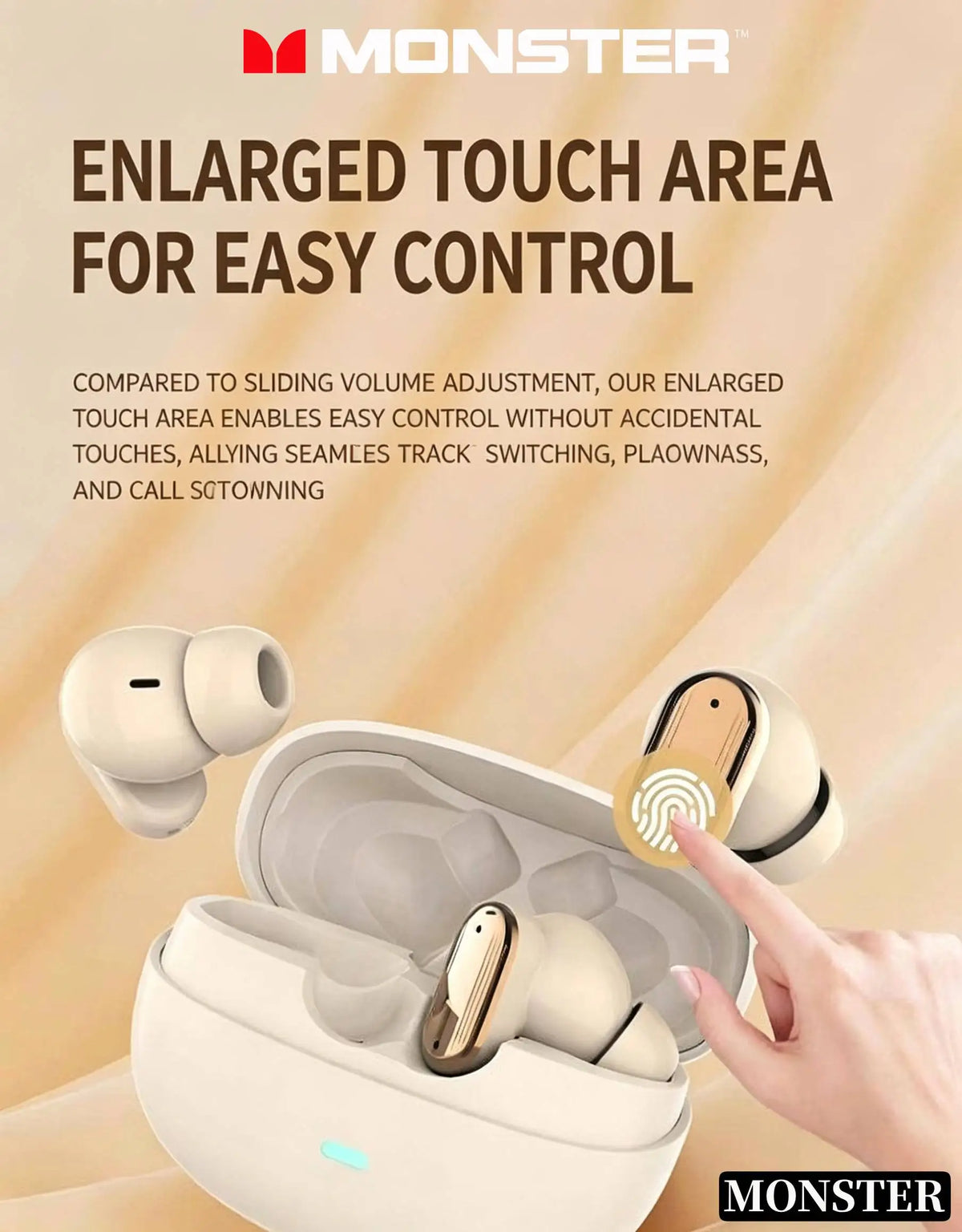 A hand holds an open case of wireless earbuds, demonstrating the enlarged touch area for easy control.