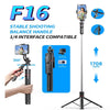 A black F16 stable shooting balance handle tripod with a smartphone mount and 1/4 interface compatible for photography.