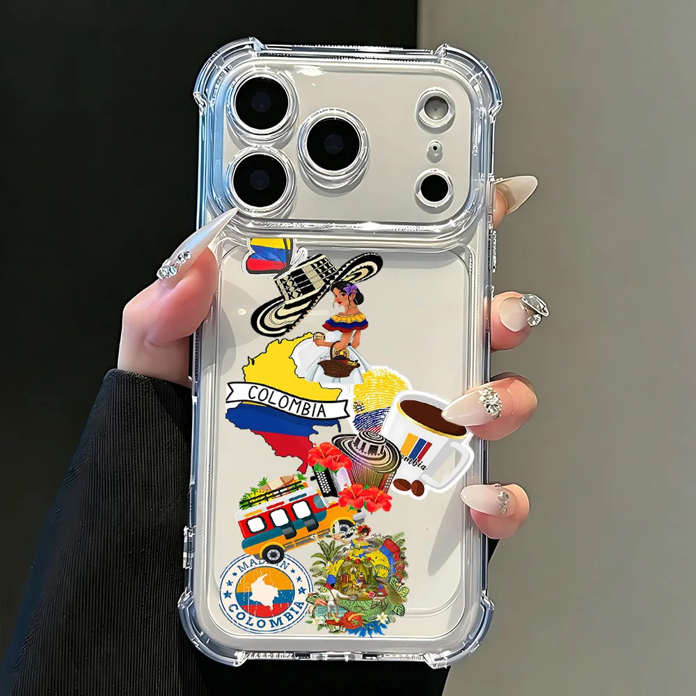 Funda para celular de silicona anti-caídas con diseño colorido de la bandera de Colombia y elementos relacionados.