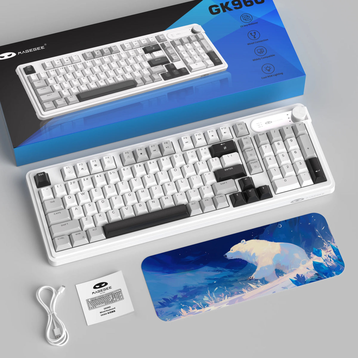A white membrane keyboard with a blue and white tiger design is shown next to its packaging.