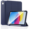 A dark blue protective case for an iPad is shown, featuring a slim design and a stylus.