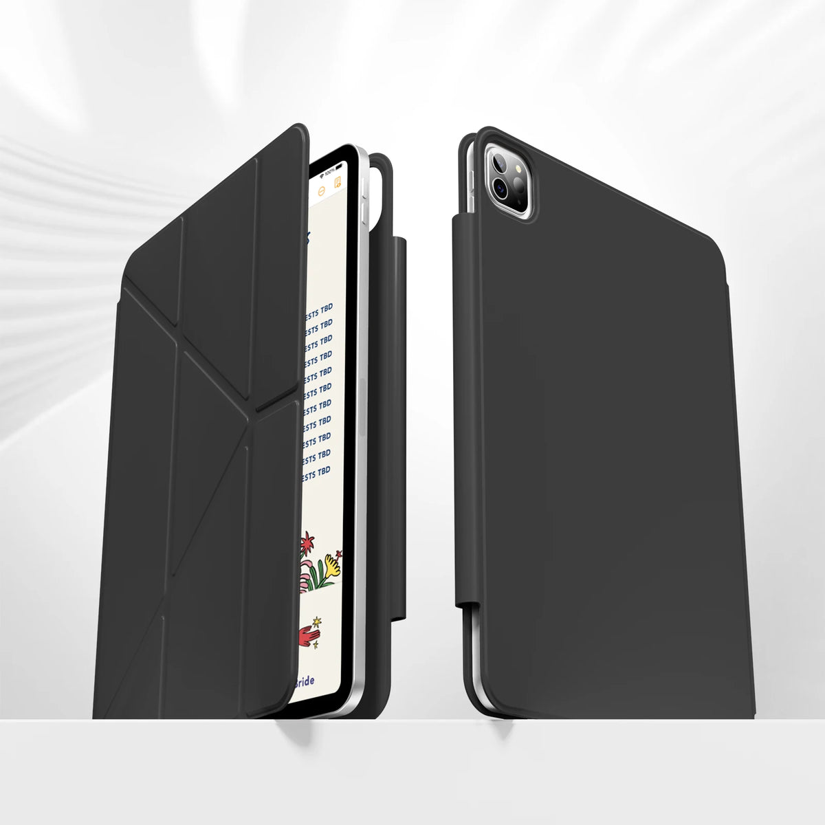 A black magnetic protective case for an Apple iPad, shown in a closed and open view.