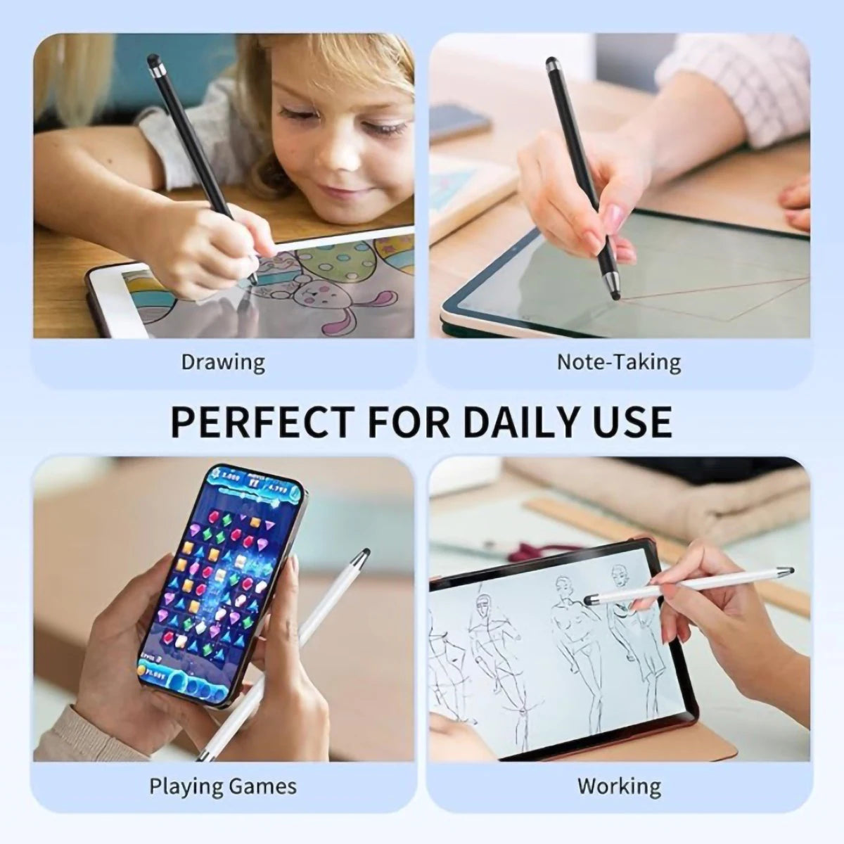 A collection of images showing a precision capacitive stylus pen being used for drawing, note-taking, playing games, and work