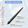 Un stylo noir sans batterie montrant le niveau de pression, la vitesse de lecture et le positionnement précis.