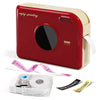 A red and beige smart Bluetooth label maker device with a clear plastic tape roll and accessories.