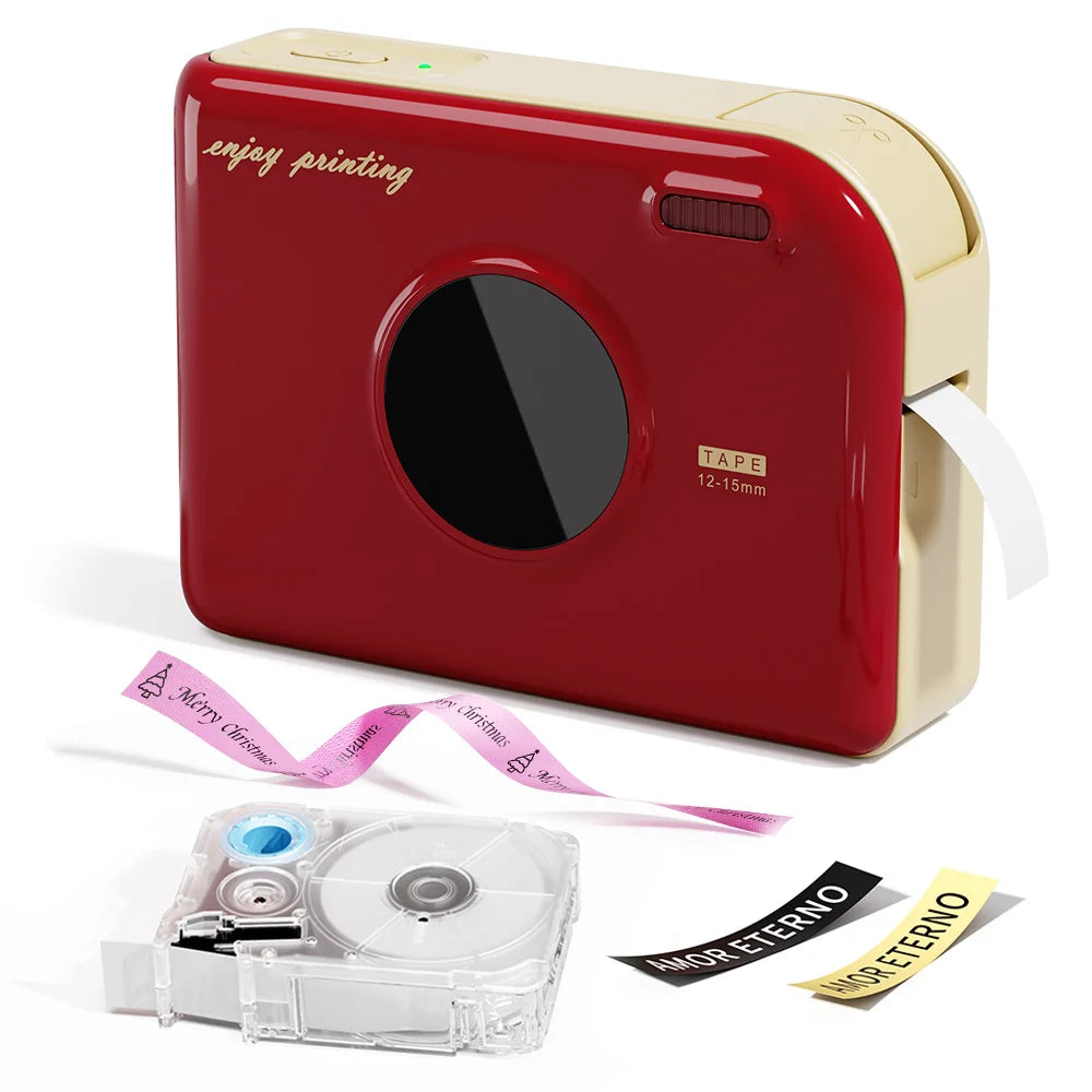 A red and beige smart Bluetooth label maker device with a clear plastic tape roll and accessories.