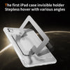 A clear protective case for an iPad showing an invisible holder stand with various angles.