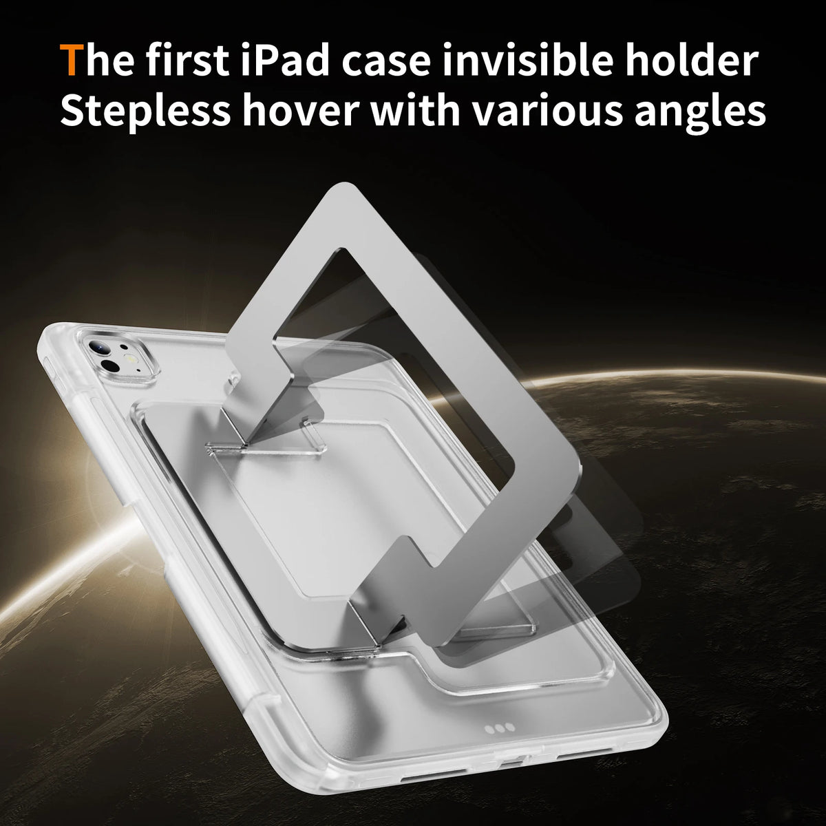 A clear protective case for an iPad showing an invisible holder stand with various angles.