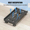 A black adjustable PC tower stand with caster wheels is shown on a wooden floor, illustrating heat dissipation.