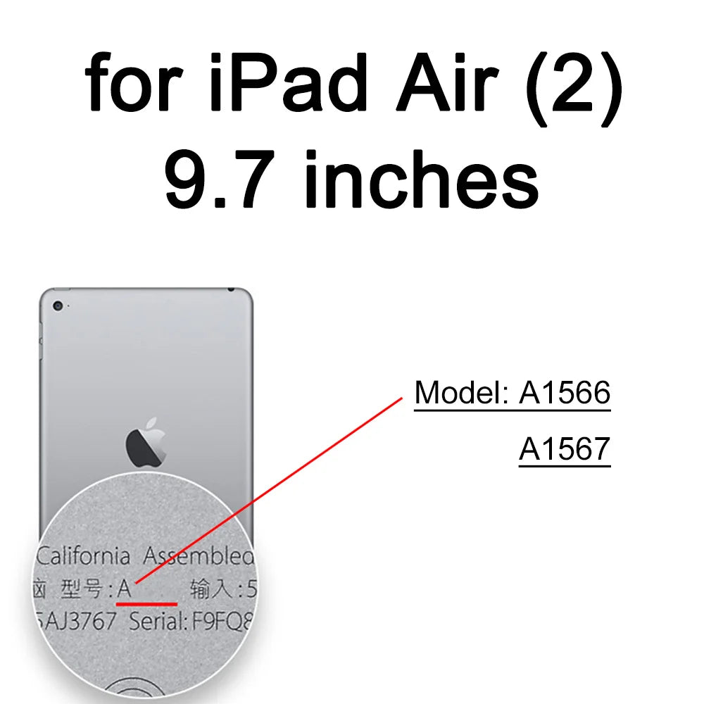 A close-up view of an iPad Air (2) model with the model number A1566 and serial number F9FQ8 visible.