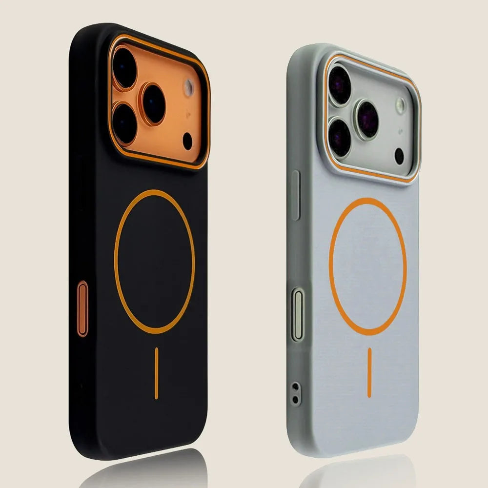 A black magnetic wireless charging phone case and a silver version displayed side by side.