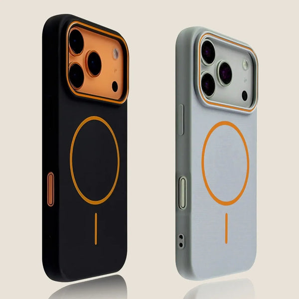 A black magnetic wireless charging phone case and a silver version displayed side by side.