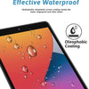 Close-up of a tablet screen showing water droplets on a colorful display, demonstrating an oleophobic coating.
