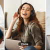 Three people using headphones in different contexts: travel, home, and work.
