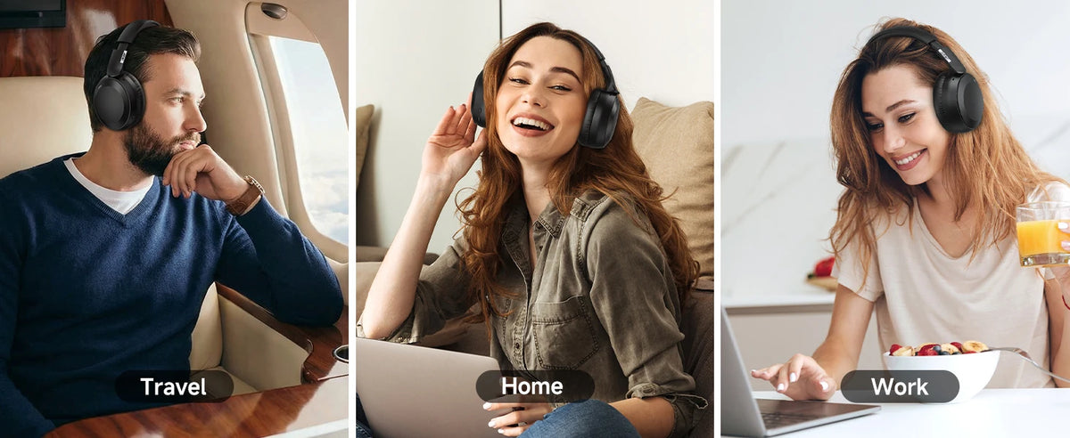 Three people using headphones in different contexts: travel, home, and work.