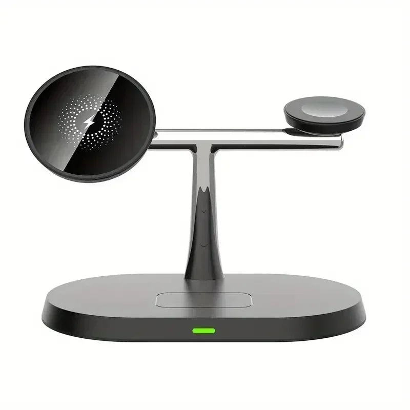 Schwarze magnetische drahtlose Ladestation mit kreisförmiger Ladepad und Halterarm.