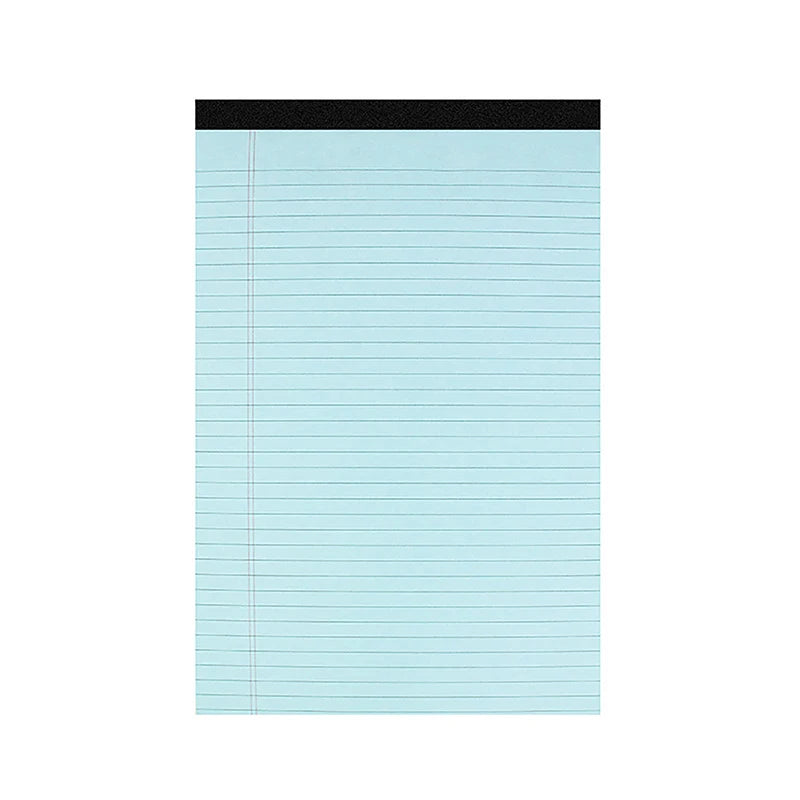 A vertical sheet of light blue lined paper with a black top edge.