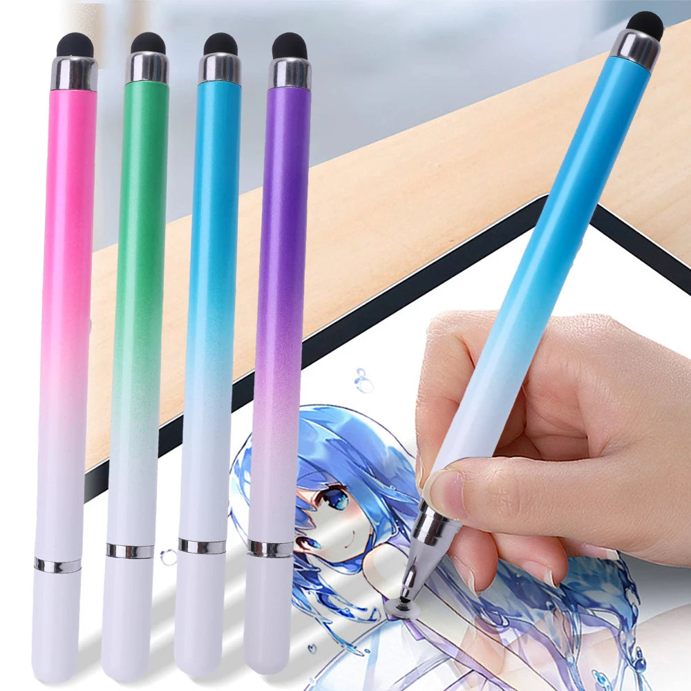 A hand holds a blue stylus pen next to several colored precision stylus pens for tablets and phones.