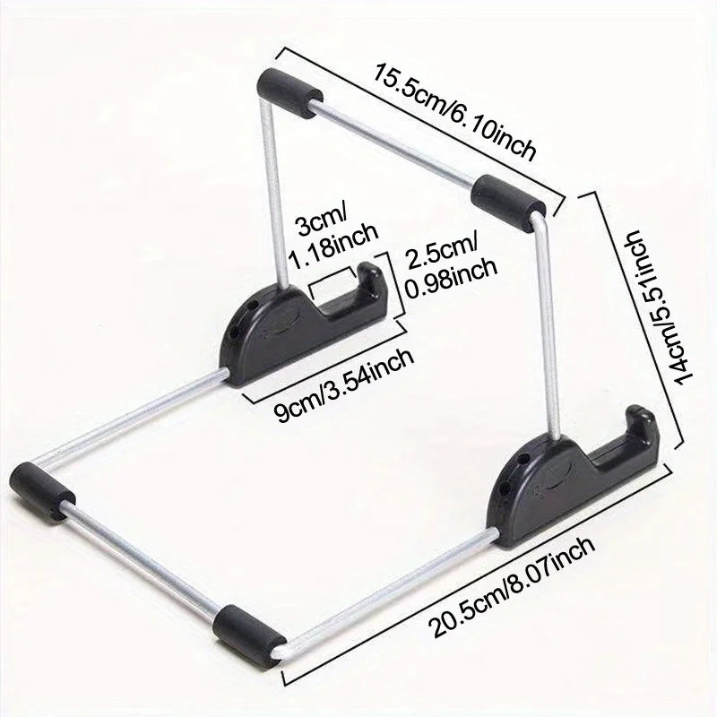 A foldable aluminum stand for tablets and laptops with adjustable arms.