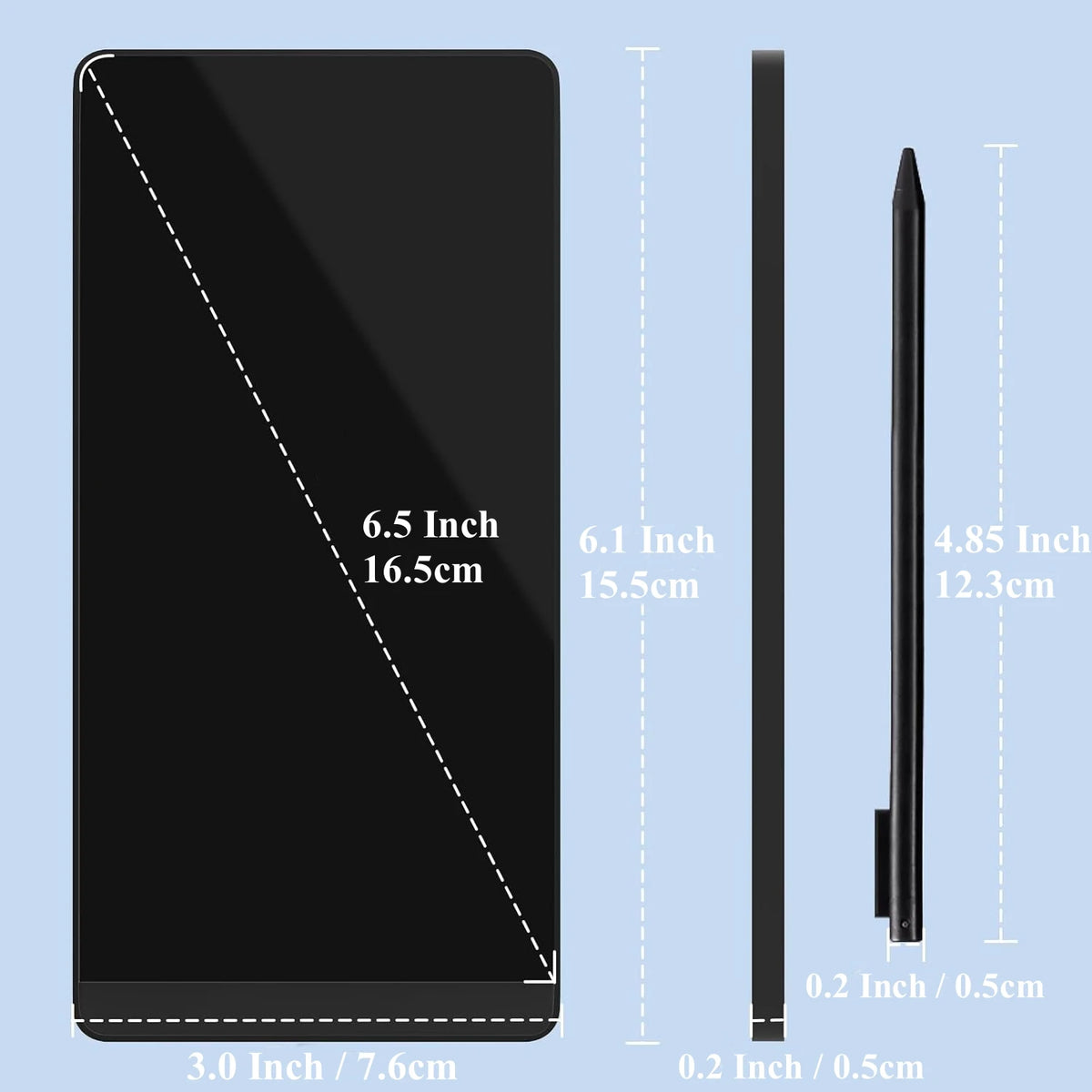A black 6.5-inch full screen LCD writing tablet shown with dimensions.