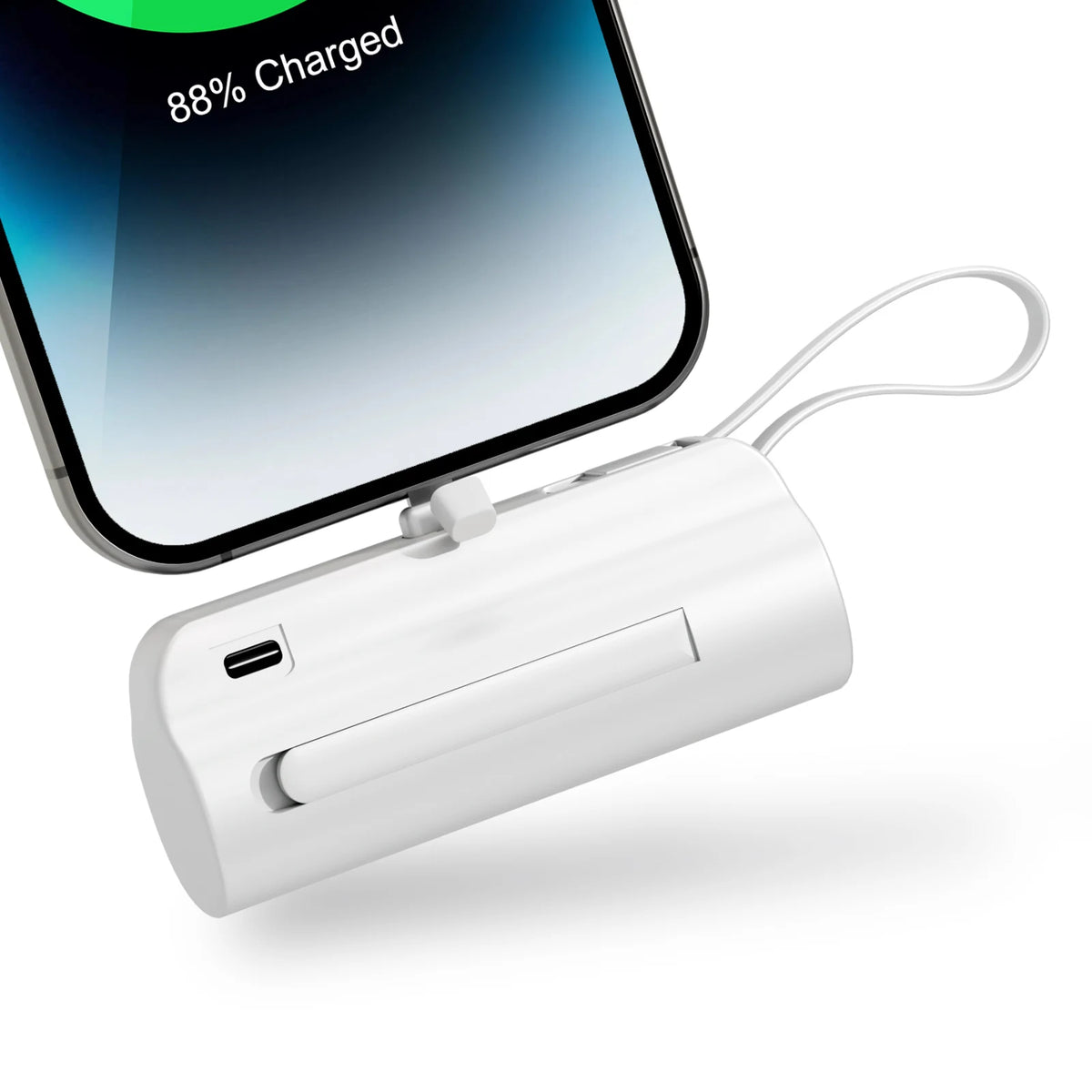 A white compact power bank is shown next to a smartphone displaying 88% charge.