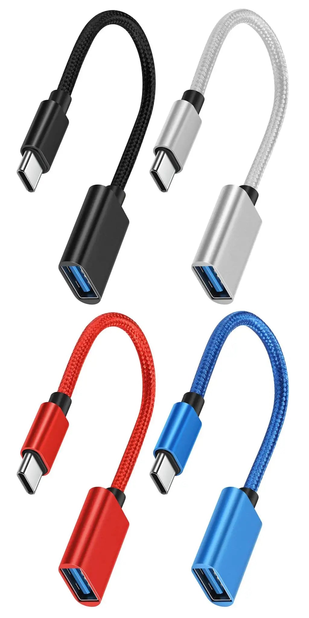Set of three USB-C to USB-A OTG adapters in black, silver, and red colors for fast data transfer