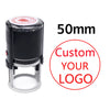 A black self-inking stamp with a silver base and a red circle indicating 50mm size for custom logo printing.