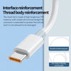 A white USB-C fast charging cable with a braided nylon connector and reinforced body is shown.