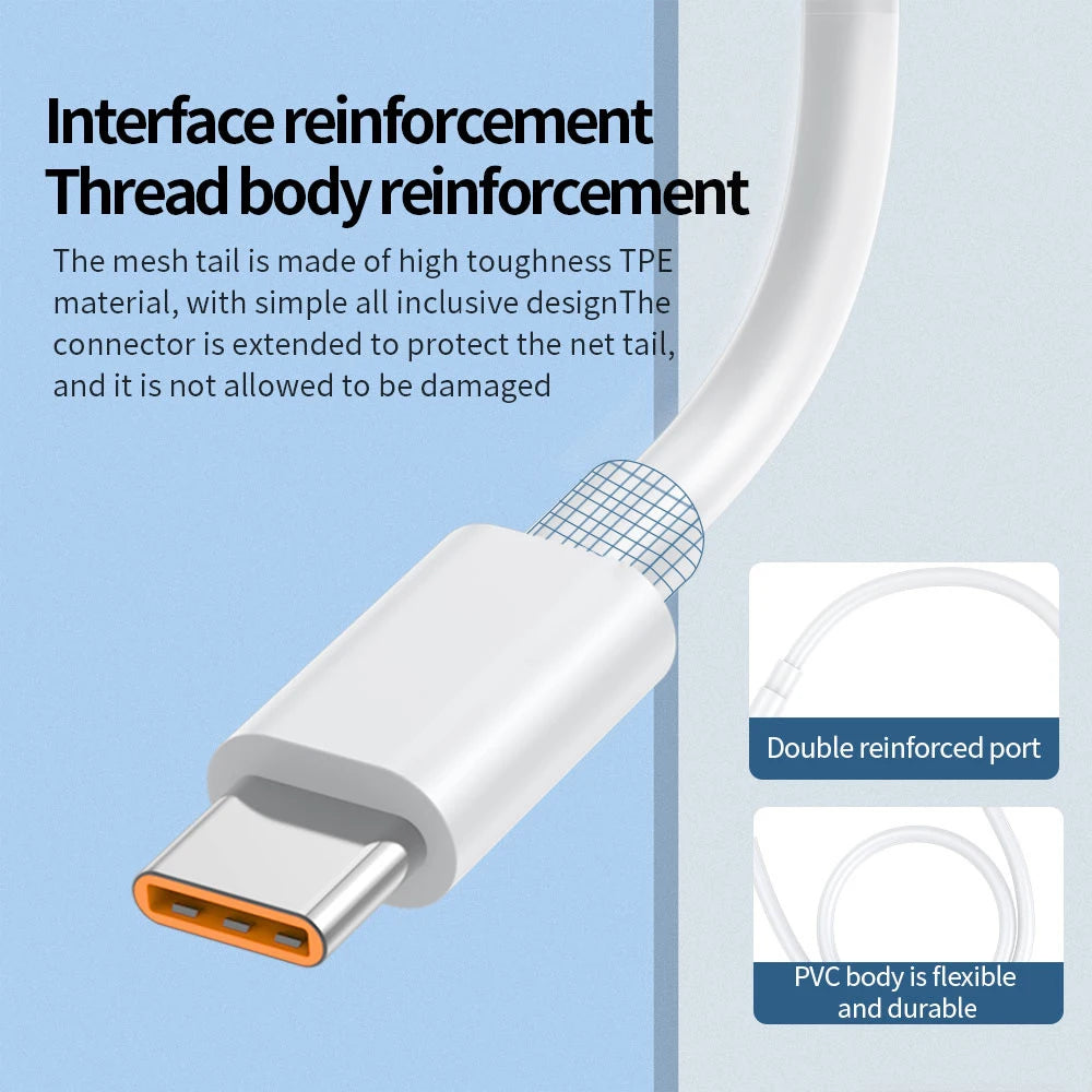 A white USB-C fast charging cable with a braided nylon connector and reinforced body is shown.