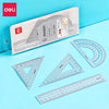 A set of four professional aluminum drafting rulers and a plastic case are displayed on a light blue background.